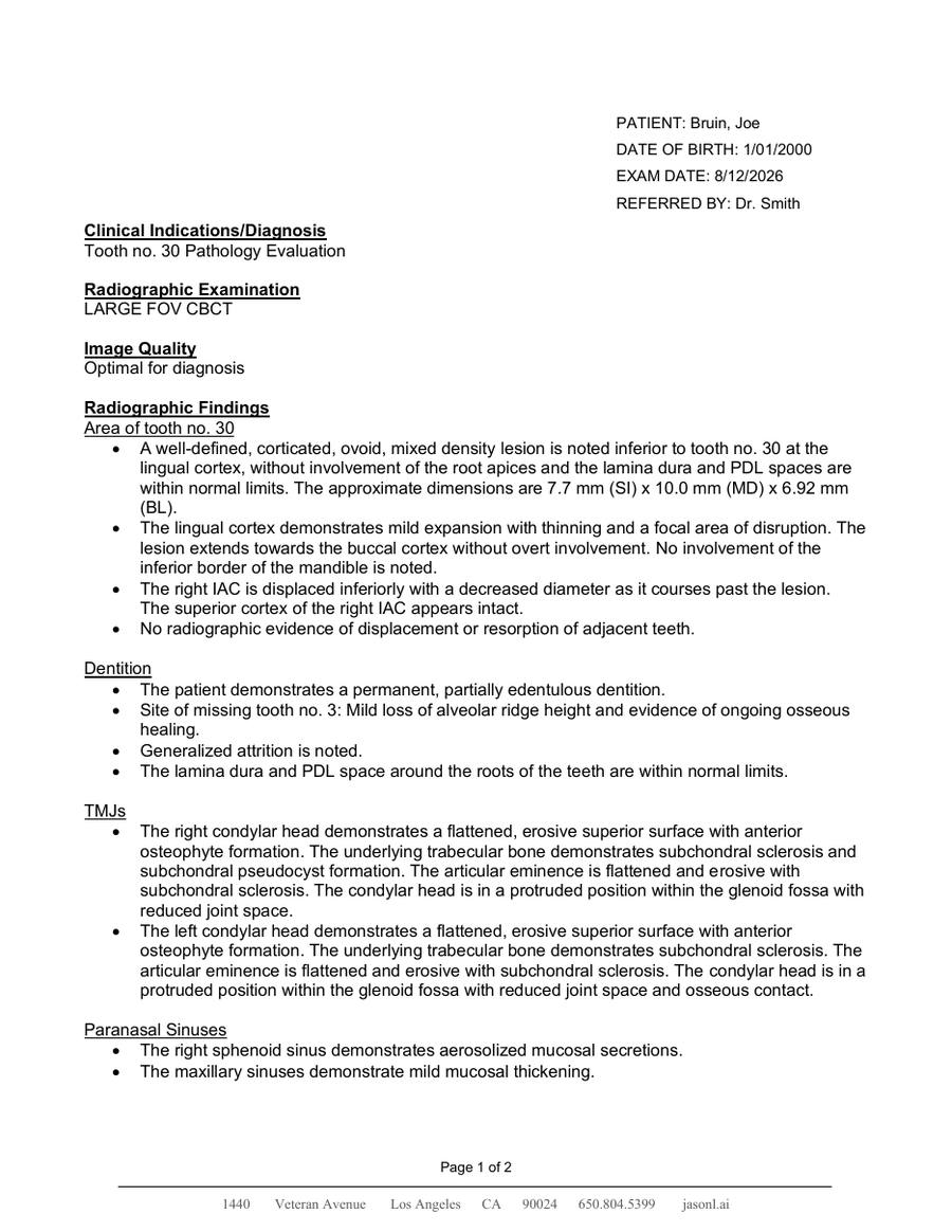 First page of a signed sample CBCT report